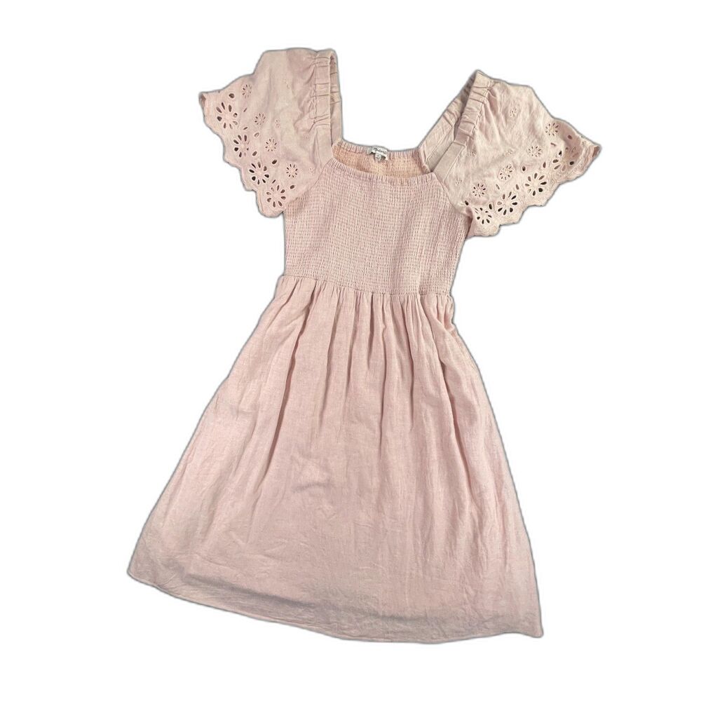 Madewell Lucie Smocked Midi Dress Medium Pink Linen Blend Eyelet Sleeve Romantic